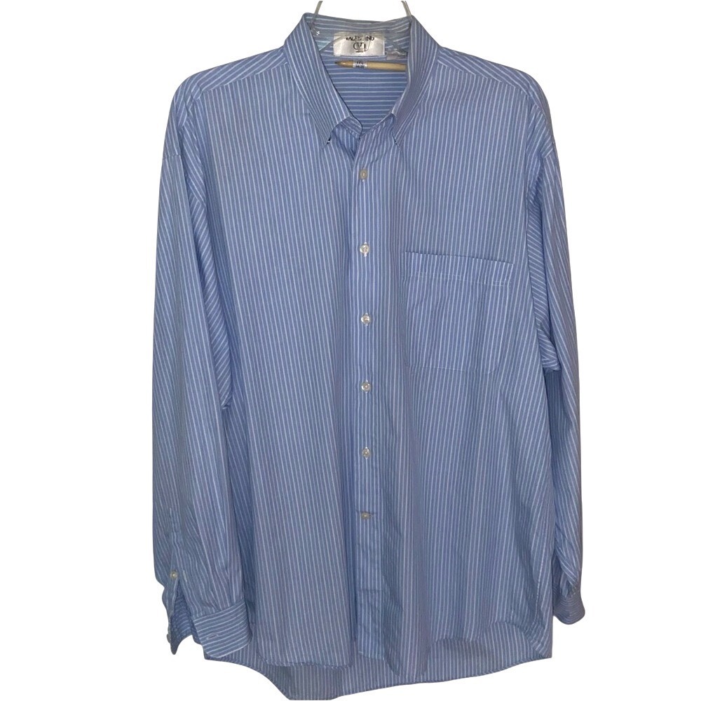 Valentino Uomo Shirt Mens 17.5 34-35 Blue Stripe Button Front Dress Long Sleeve